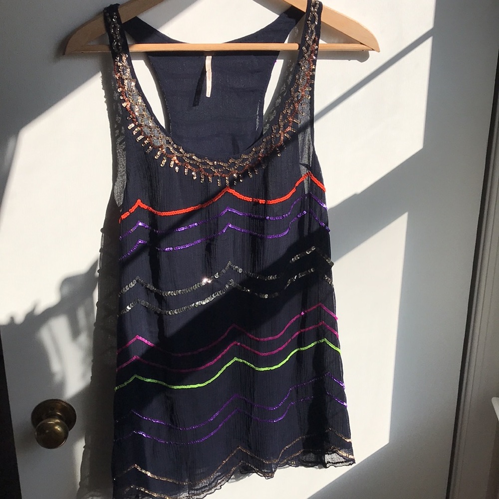 Free People Fiesta Sequined Racerback Tank Top Blouse Navy & multi color stripes